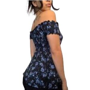 MELROSE AND MARKET Off-the-Shoulder Floral Top – Black & Blue – Women’s XS